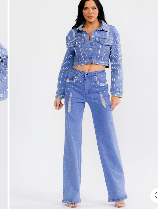 Boutique Denim - Pearl-Embellished Light Blue Wide-Leg Jeans & Matching Jacket...NWT